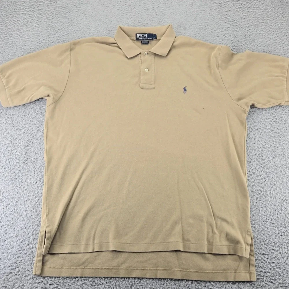 Polo By Ralph Lauren Shirt Mens Large Tan Vintage USA‎ Short Sleeve Blue Pony